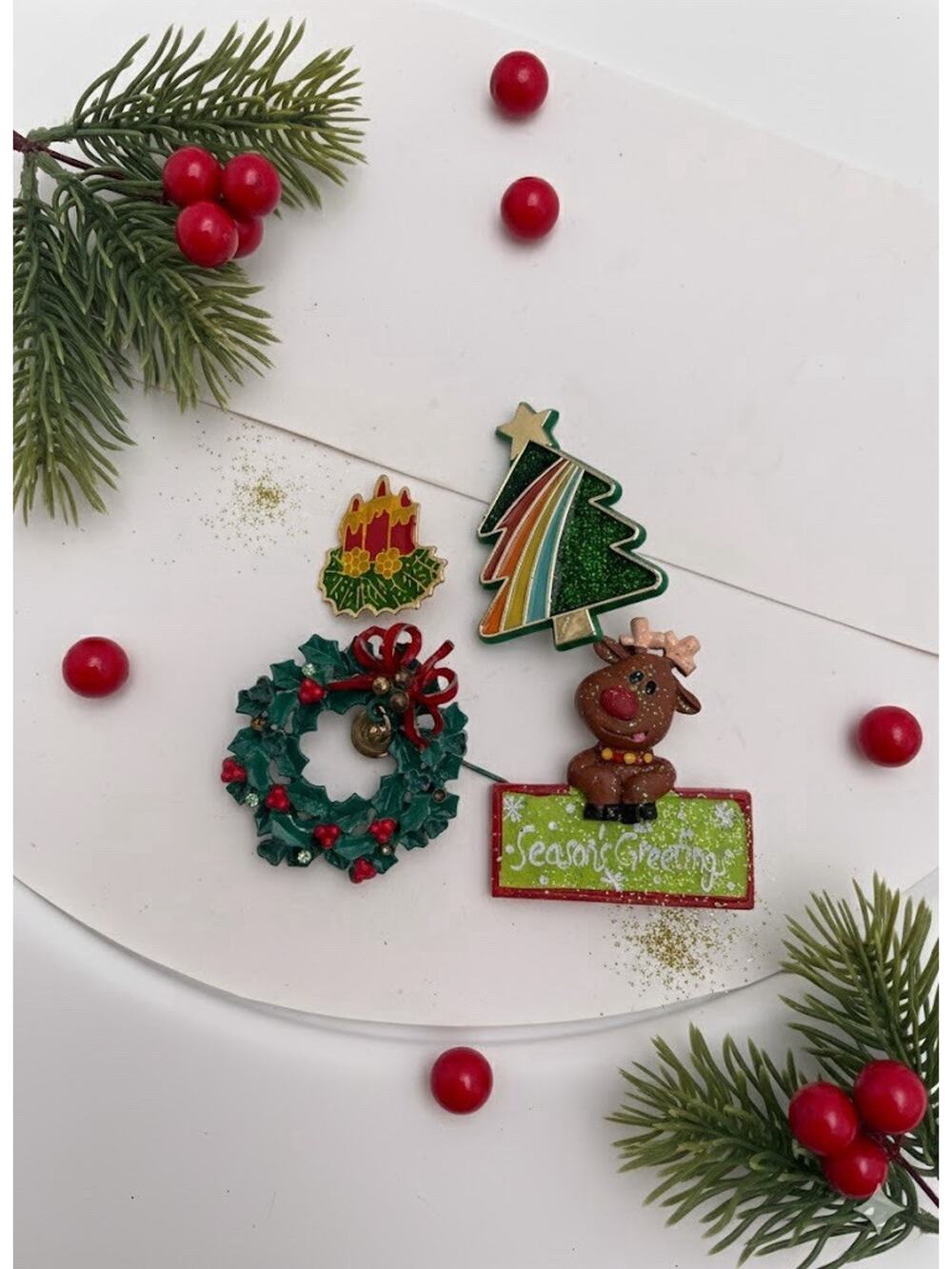 Brooch Christmas Reindeer Wreath Tree Candle Pin Set Holiday Lot 4 Hallmark VTG